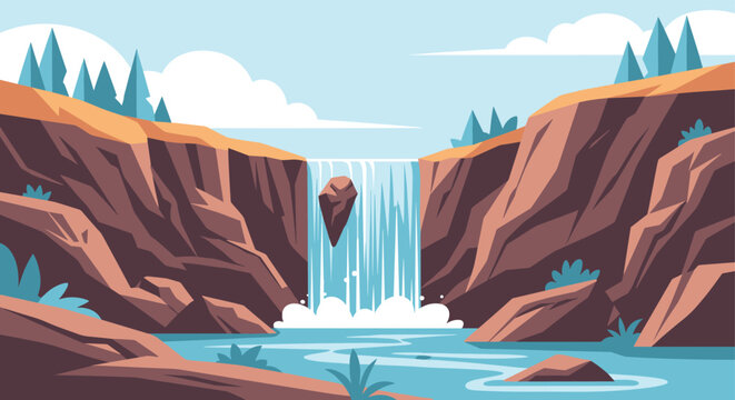 Scenic waterfall cascading down a rocky canyon into a flowing river surrounded by trees under a cloudy blue sky.