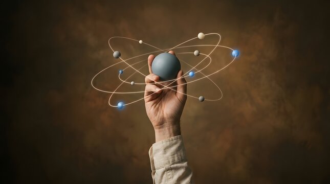 Hand holding a glowing atom model with orbiting electrons on a dark vintage background, conceptual image symbolizing science, physics, nuclear energy, chemistry and scientific research and innovation