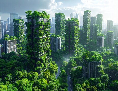 Green futuristic city buildings