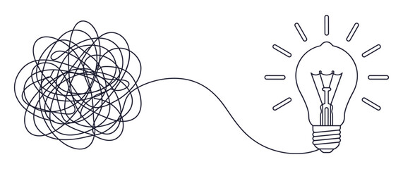 Tangled messy line turned into bright shining light bulb. © GW