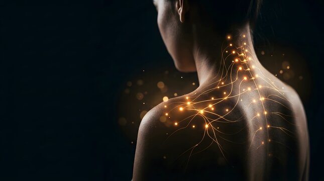 Back view of a woman with glowing nerve pathways and light points along her shoulder and spine on a dark background, conceptual medical image symbolizing the nervous system, nerve pain and energy flow