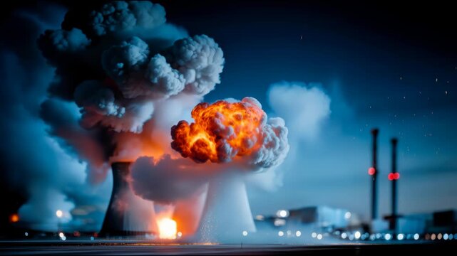 Dramatic nuclear power plant explosion with fire, smoke, sparks, and industrial towers in a dark cinematic scene
