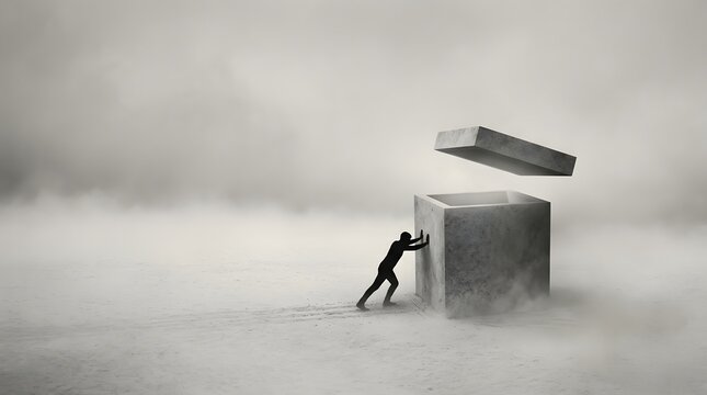 Man pushing the heavy lid off a giant concrete box to escape in a foggy surreal landscape, conceptual image symbolizing freedom, breakthrough, overcoming challenges, escape and thinking outside a box