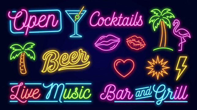 Neon Glow Sign Bar Club Retro Vector Element Set with Cocktail Beer Live Music Palm Tree Lips and Electric Night Design