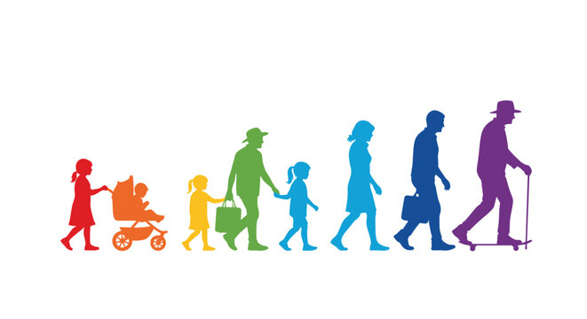 Rainbow colored silhouettes of people from different age groups and life stages walking in a line.