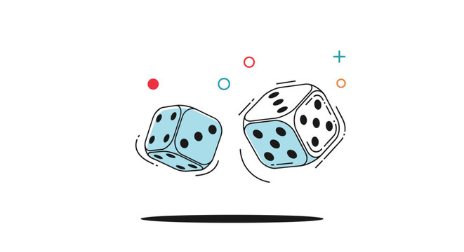 Pair of blue and white dice captured in a tumbling motion with colorful graphic symbols on a white background.