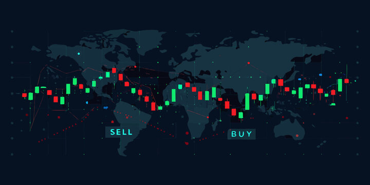 world map with candlestick chart on dark background