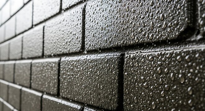 "Dark gray wet brick wall completely covered in fine water droplets, minimalist composition, soft diffused light"