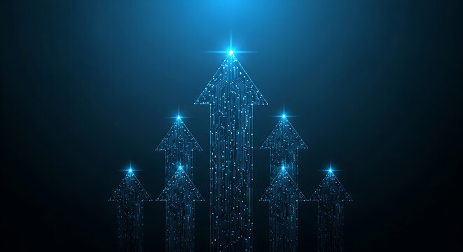 Abstract digital growth arrow concept formed by binary code data particles with technology particles business innovation development information abstract statistics investment progress