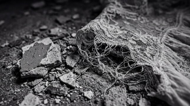 Torn white lace lies abandoned on crumbling rubble in stark black and white. It conveys a haunting feeling of macabre loss, gothic decay, and forgotten tragedy.