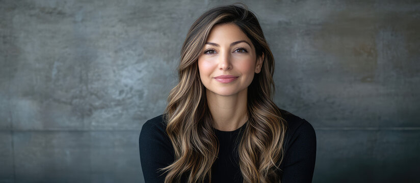 Woman with long hair and a warm smile sits against a textured wall