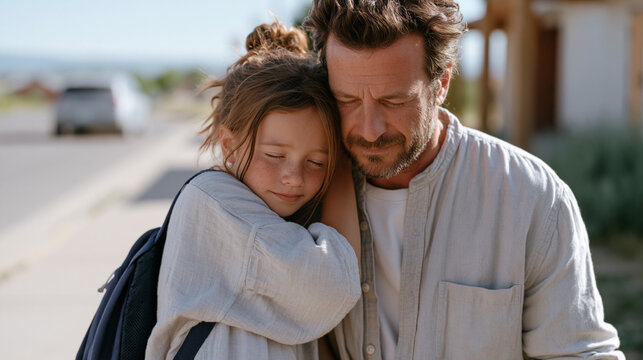 Divorced father kneels on a school pickup sidewalk as his eight-year-old daughter drops her backpack and hugs his neck tightly, her expression relieved but sad, her mother's car