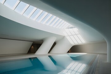 Fototapeta premium Modern architectural walkway with skylight and water reflection
