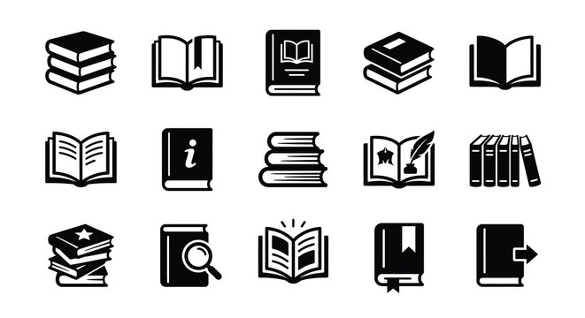 Black silhouette book icons set literature education and information resources collection