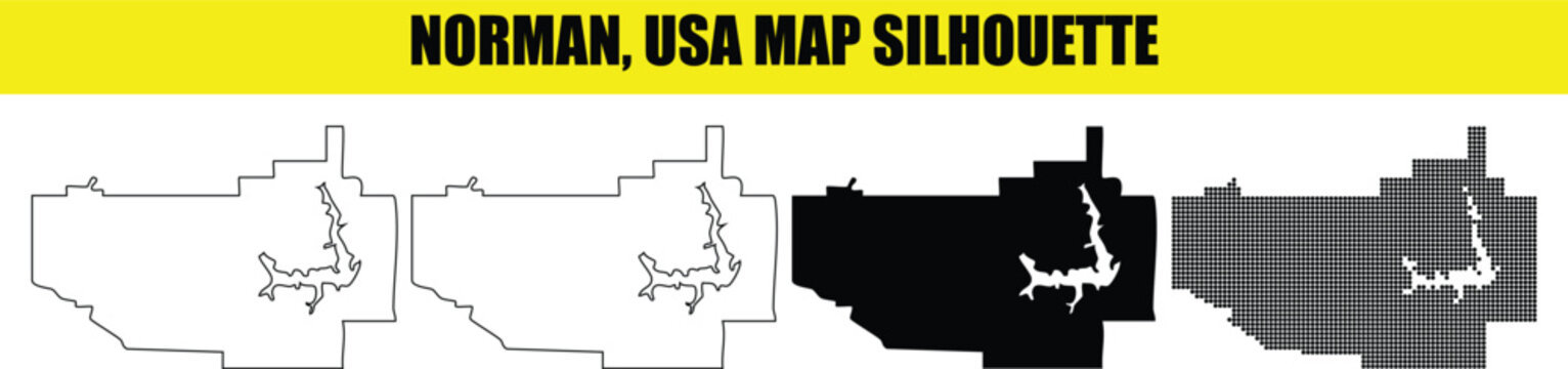 Norman oklahoma usa map silhouette outline set featuring simple white black and stippled halftone design on grid.