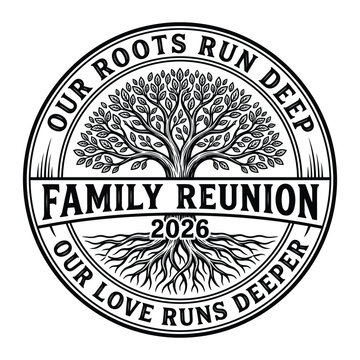 Our Roots Run Deep Family Reunion 2026 Heritage Tree Emblem Vector Design