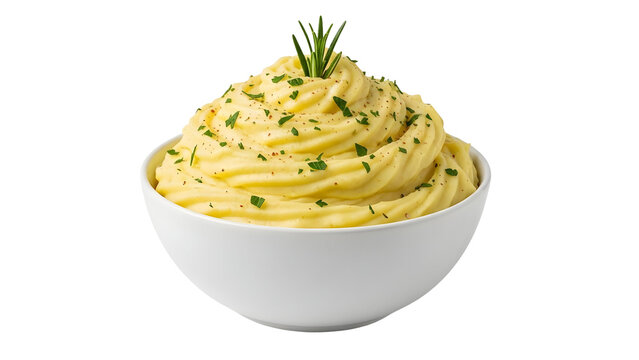 Mashed potatoes with herbs in white bowl as transparent cutout