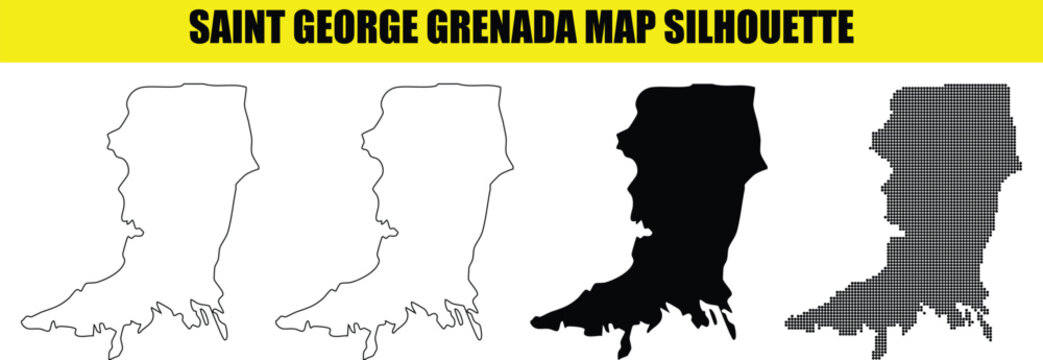 Saint george grenada map silhouette set including solid outline and pixelated dot styles for travel or geography.
