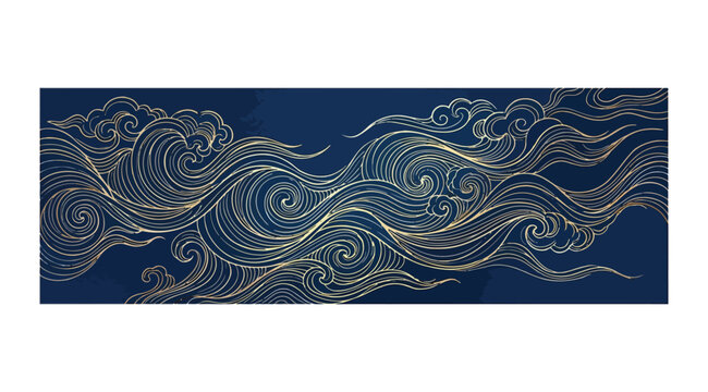 Traditional chinese style cloud pattern, gold line art on dark blue background