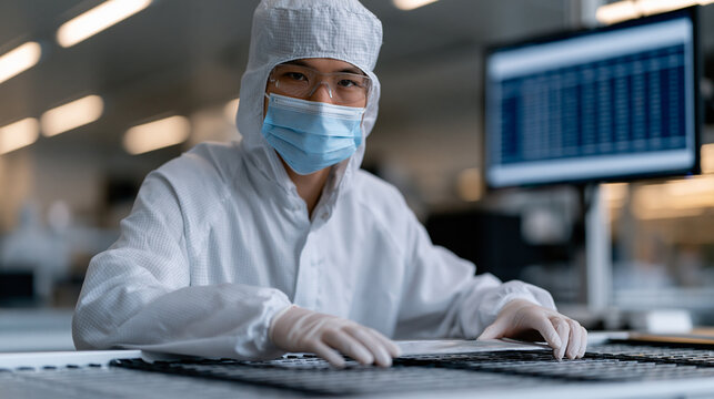 Solid-state battery manufacturing quality inspector places finished pouch cells into a formation cycling rack in a pilot production cleanroom, formation data populating a yield