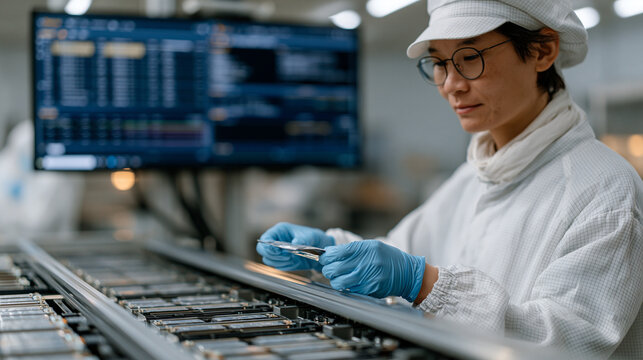 Solid-state battery manufacturing quality inspector places finished pouch cells into a formation cycling rack in a pilot production cleanroom, formation data populating a yield