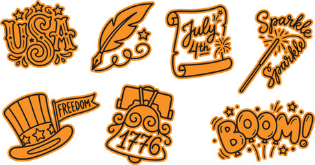 4th of july vintage inspired orange doodle set for holiday themes with patriotic independence parchment sparkler celebration illustration national tradition fireworks © Star_Pixels11