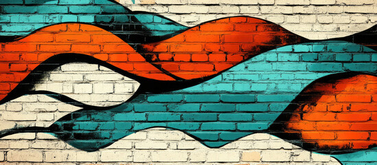 Vibrant graffiti artwork on urban brick wall with wavy colorful design