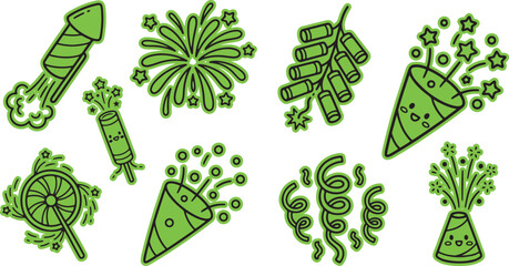 4th of july celebration fireworks and party doodle icons with celebration fireworks confetti streamer explosion birthday anniversary decoration sketched illustration © Star_Pixels11