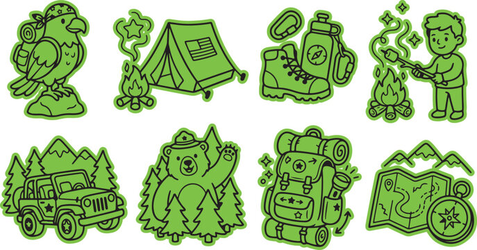 4th of july outdoor camping adventure doodle icons with adventure backpack wilderness vacation activity recreation trekking traveling wildlife sketched illustration