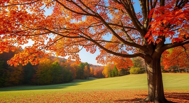 Vibrant maple tree ablaze with orange, red autumn foliage against a clear sky