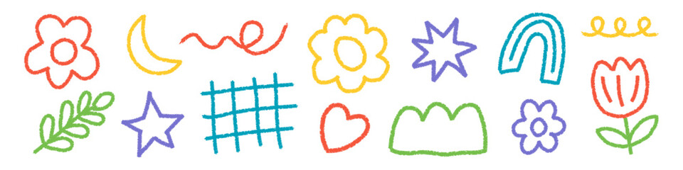 Naklejka premium Scribble crayon vector set with playful naive doodles