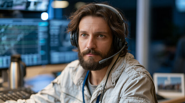 Satellite ground control operator monitors quantum clock precision data feed during early morning shift, GPS deviation chart updating live on secondary display, steaming thermos