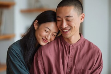 Fototapeta premium Young asian couple smiling and embracing in home interior