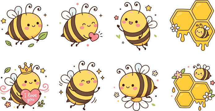 Cute Kawaii Bumble Bee Vector Character Set with Happy Honey Bees, Honeycomb, Flower, Crown, and Love Hearts Isolated on White Background
