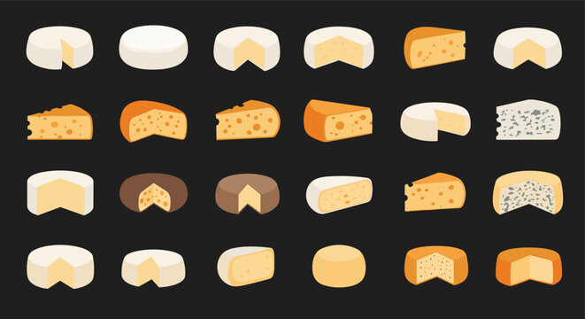 Large set of various cheese wheels and wedges including cheddar blue cheese and brie on solid dark background.