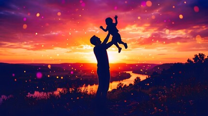 Fototapeta premium Silhouette of father lifting child at sunset, joyful family moment in nature, vibrant orange and purple sky with bokeh lights, emotional parenting concept