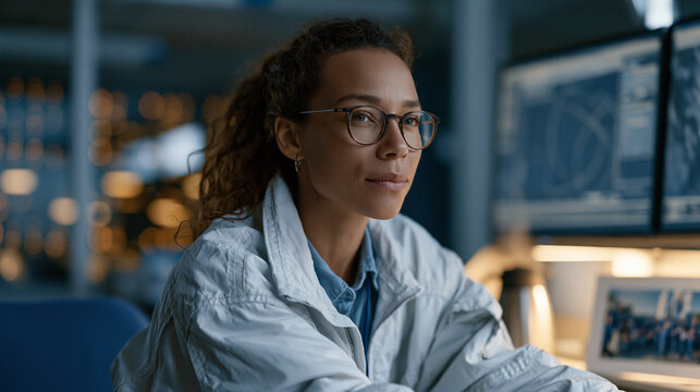 Satellite ground control operator monitors quantum clock precision data feed during early morning shift, GPS deviation chart updating live on secondary display, steaming thermos