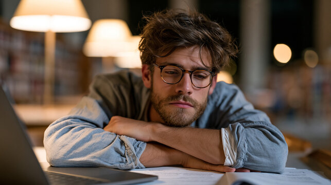 Exhausted quantum computing PhD candidate rests forehead on crossed arms at carrel desk, open laptop displaying failed qubit simulation run, error correction notes in margins of