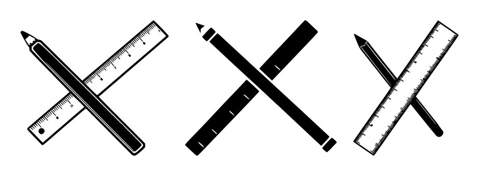 Pencil and ruler crossed set with solid black icon on white background featuring design tools, stationery, drafting with precision and simplicity