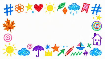 Naklejka premium Colorful crayon border frame with playful art elements. Ideal for kindergarten grade shool worksheets, kids graphics and cheerful designs, cute designs