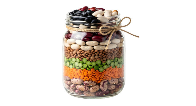 Layered dried legumes and beans in a glass jar tied with twine