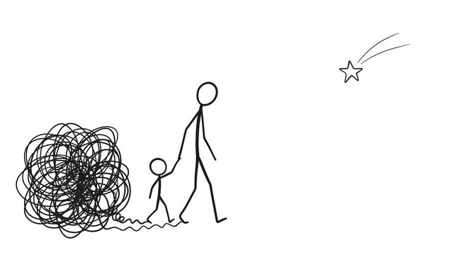 Stick figure parent and child walking to shooting star, boiling line art loop. Seamlessly looping video representing family therapy, overcoming childhood trauma, and finding hope.