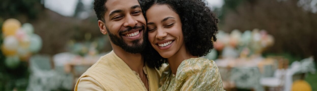 Couple embracing and smiling at outdoor celebration