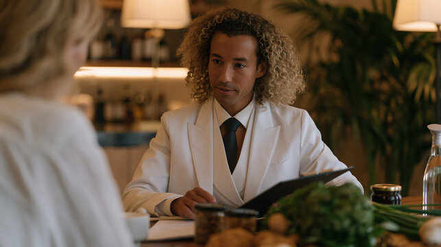 Gastroenterologist reviewing a colorful gut microbiome gut health meal plan with a patient seated across a clinic table, fermented foods and fiber-rich ingredients displayed
