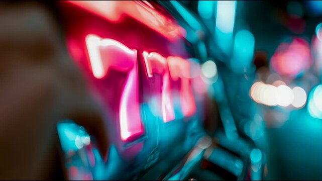 Close-up of glowing neon 777 slot machine lights with colorful reflections, bokeh, and casino nightlife atmosphere