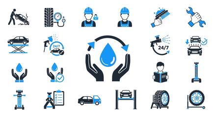 Fototapeta premium Comprehensive Automotive Service and Repair Icons Collection Modern Vehicle Maintenance, Car Wash, and Tire Shop Pictograms for Business Needs