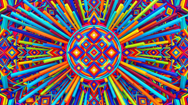 Abstract geometric background with colorful 3d cylinders and square patterns, vibrant radial composition, digital art wallpaper, futuristic explosion of shapes
