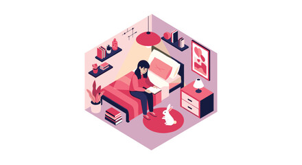 Obraz premium Isometric illustration of a cozy girl's bedroom with a bed, bookshelf, desk, and a pet rabbit on the floor.