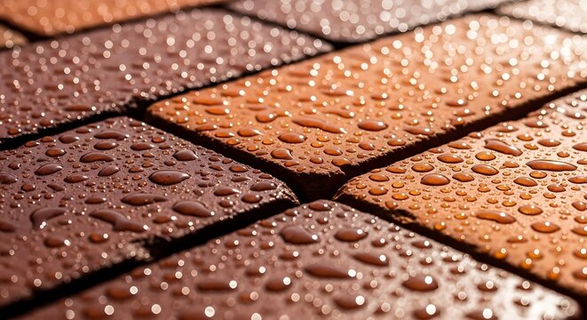 "Colorful wet terracotta and brown interlocking pavers with glistening water droplets, warm tones, photorealistic macro shot"