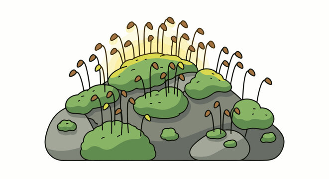 A stylized illustration of mossy rocks with sporophytes under a pale yellow sky